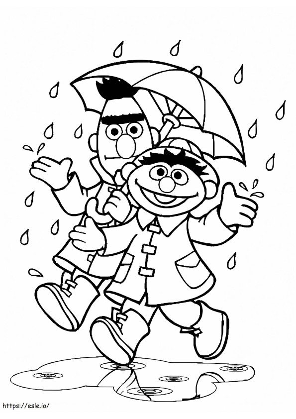 Coloriage Bert et Ernie pluie à imprimer dessin