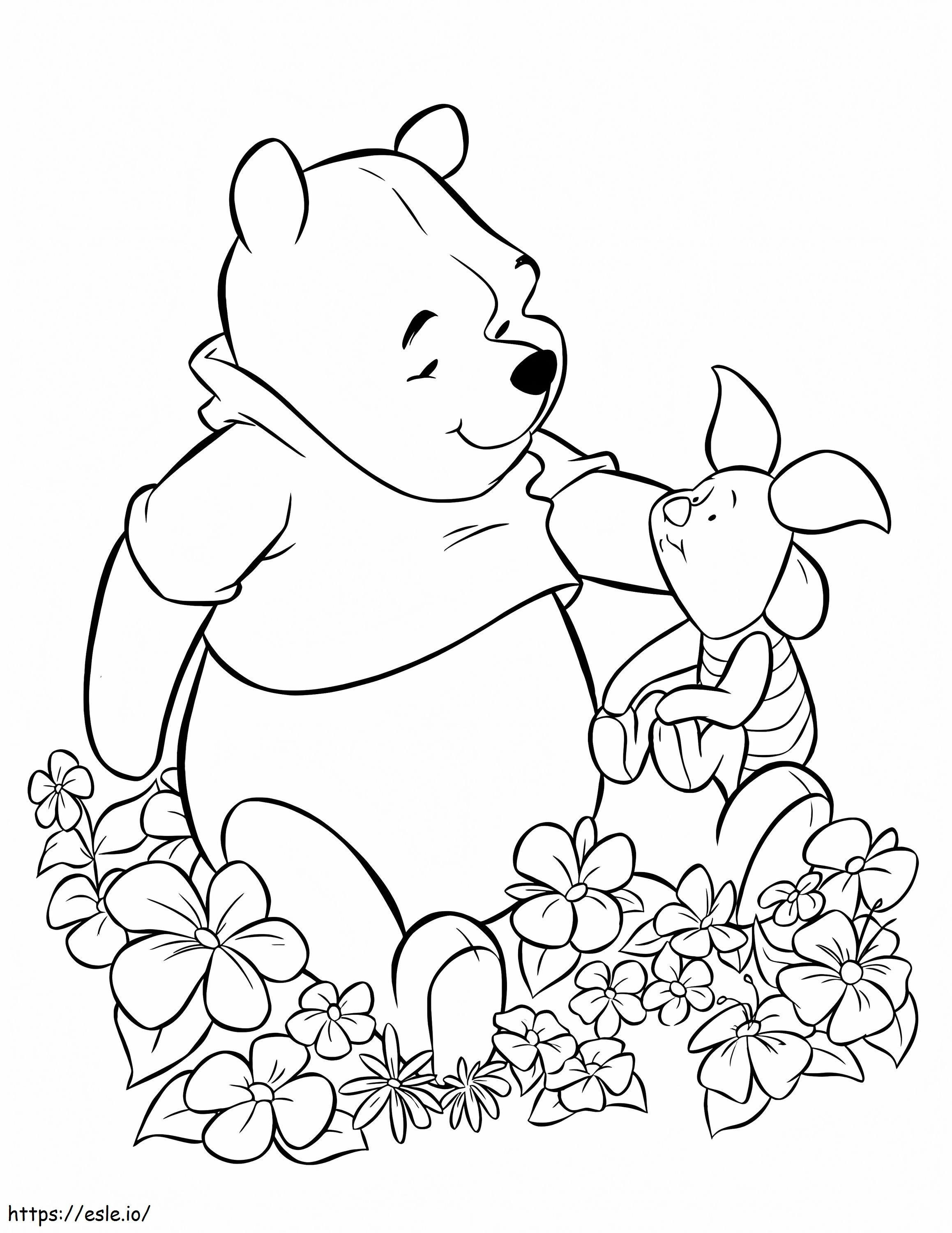 Ursinho Pooh e leitão com flores para colorir