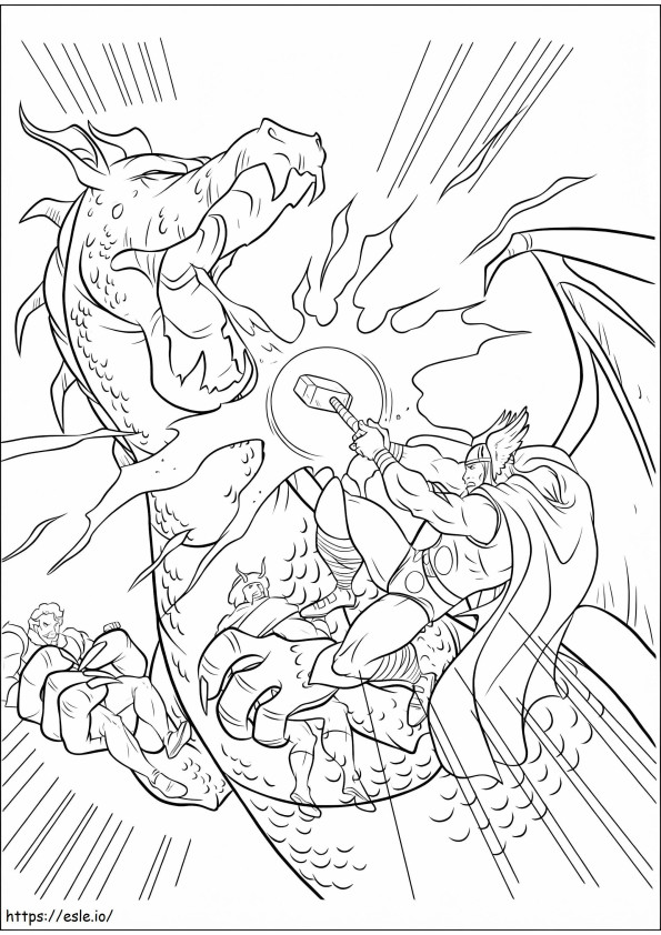 Coloriage Thor combat le dragon à imprimer dessin