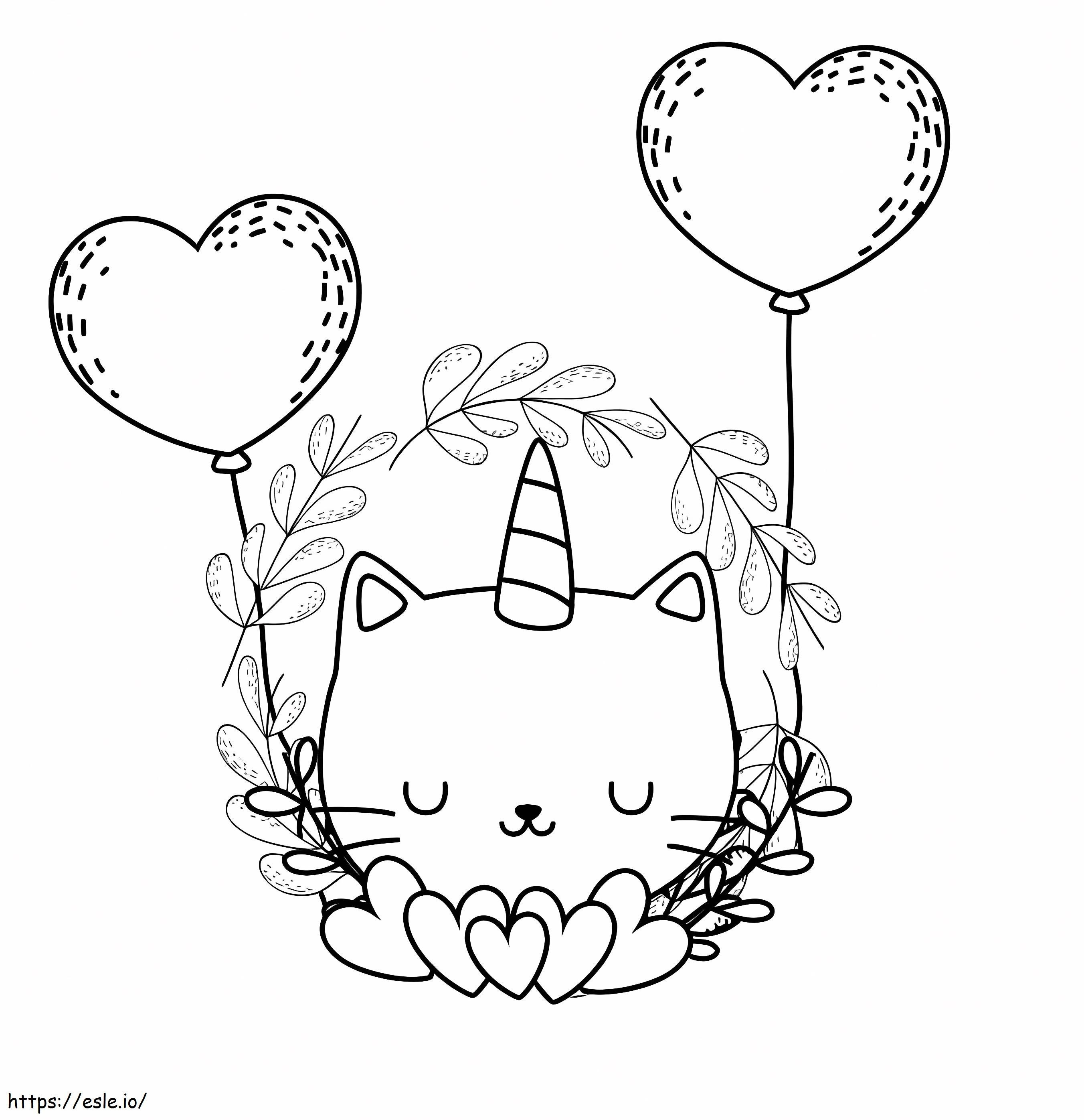 Pisica Unicorn și baloane cu inimă de colorat