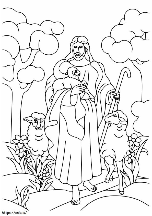 Jesus com três ovelhas para colorir