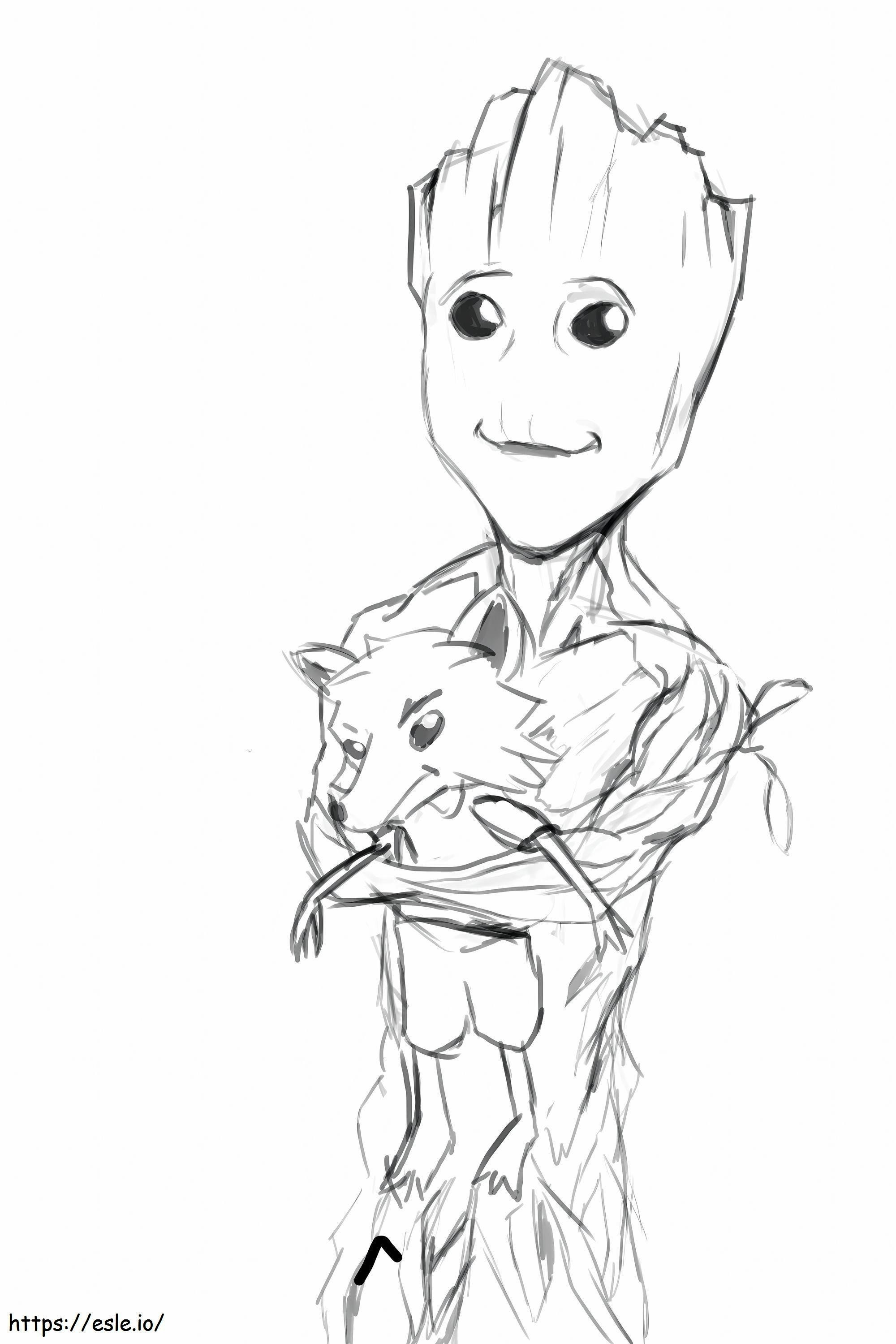 Desenho de Groot segurando uma raposa em escala para colorir