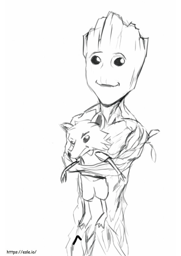 Rysunek przedstawiający Groota trzymającego łuskowatego lisa kolorowanka