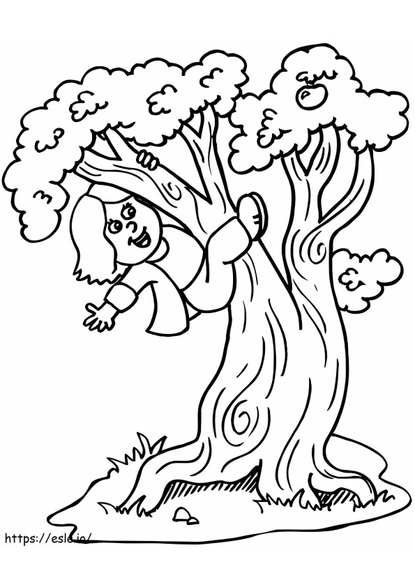 Tyttö kiipeämässä puihin värityskuva