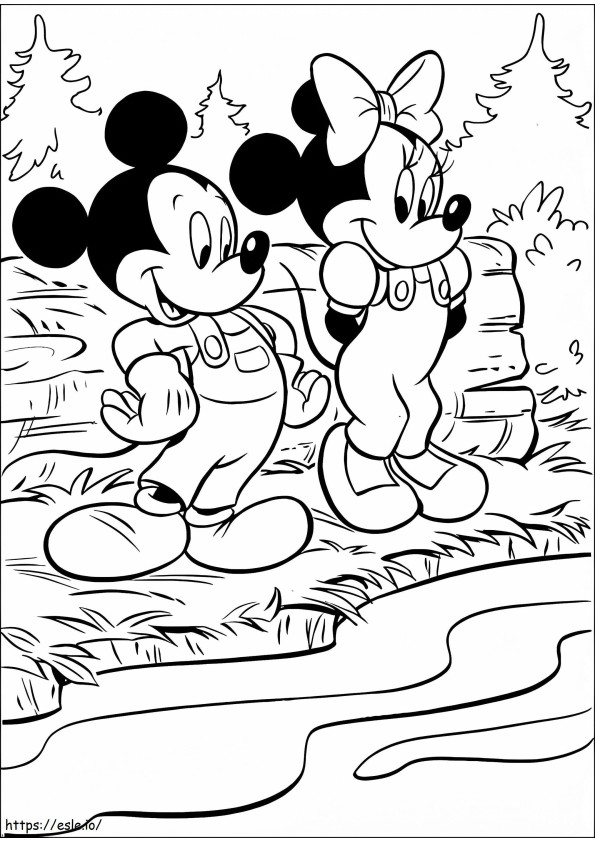Coloriage Mickey Mouse et Minnie Mouse près de la rivière à imprimer dessin