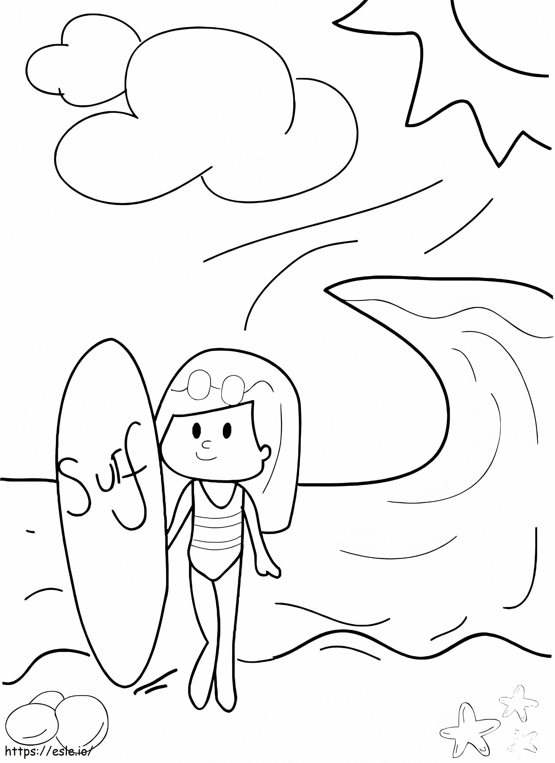 Chica de camada con tabla de surf para colorear