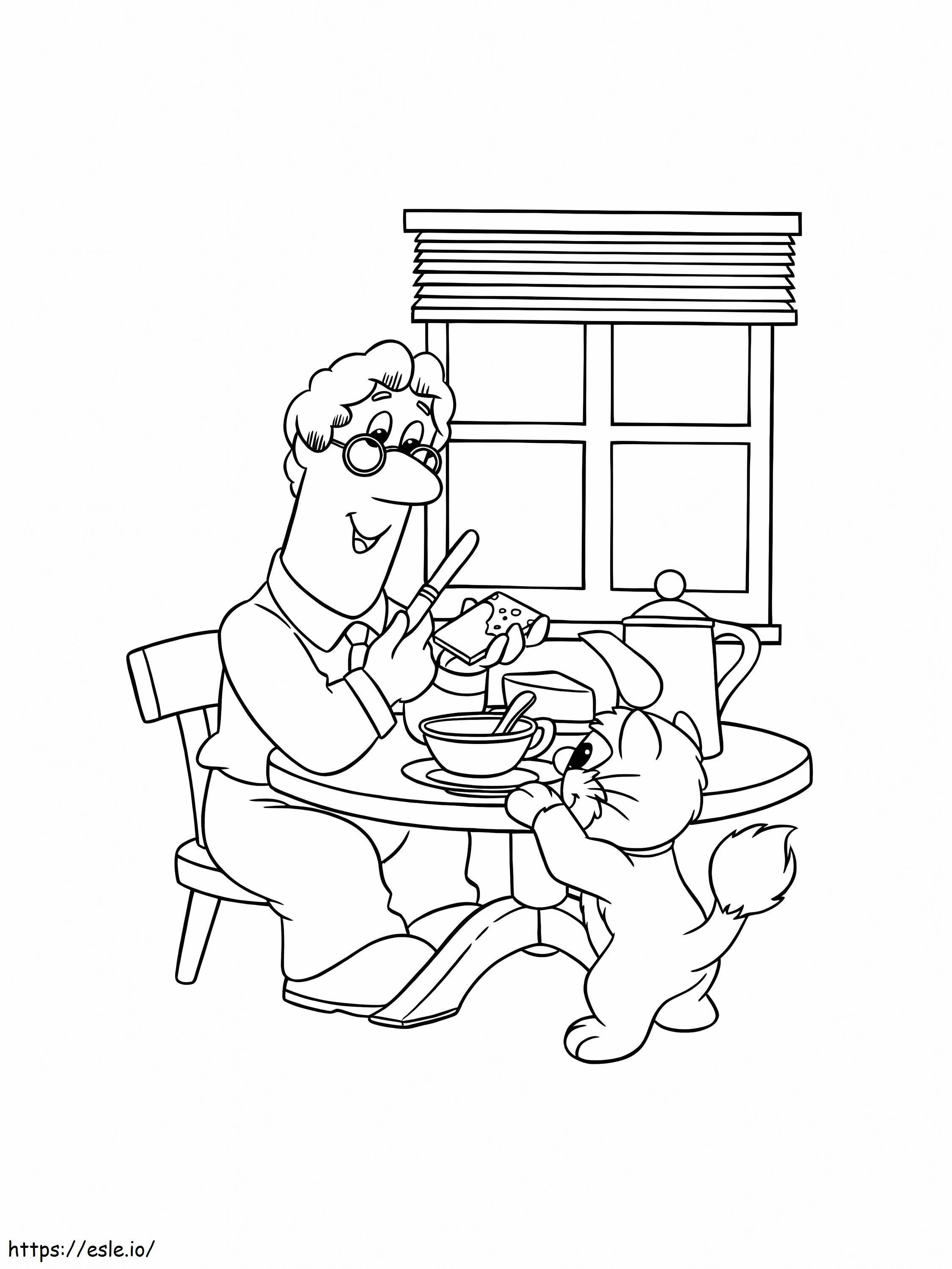 パット・ザ・ポストマンと食事中の猫 ぬりえ - 塗り絵