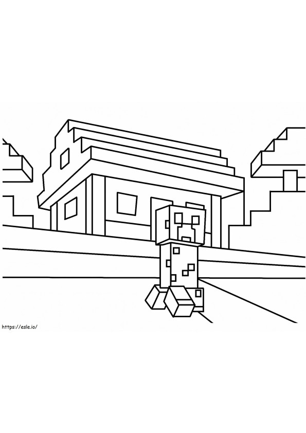 Coloriage Minecraft Creeper et maison à imprimer dessin