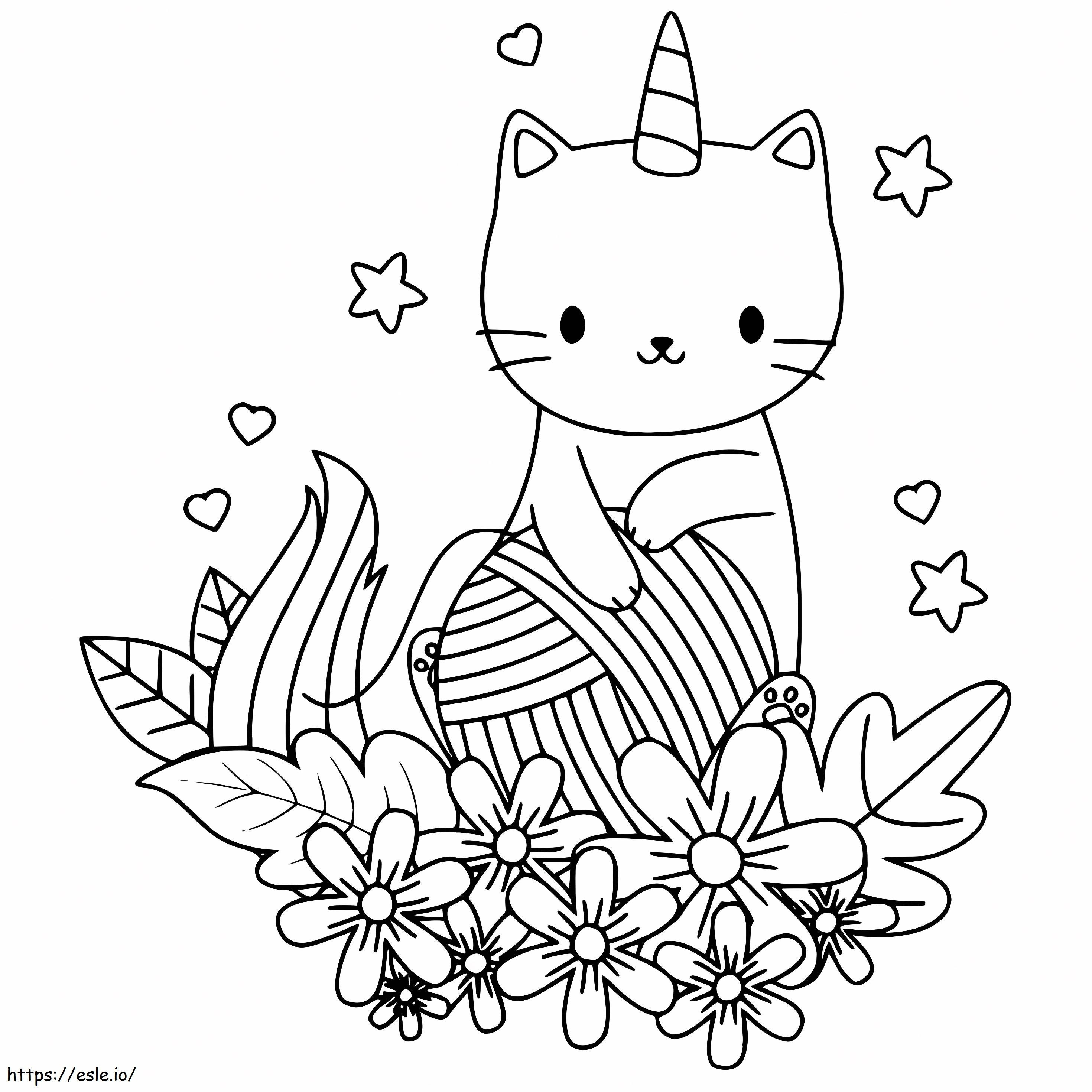 Yksisarvinen kissa kukilla värityskuva