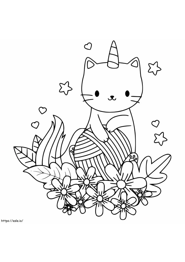 Gato unicórnio com flores para colorir