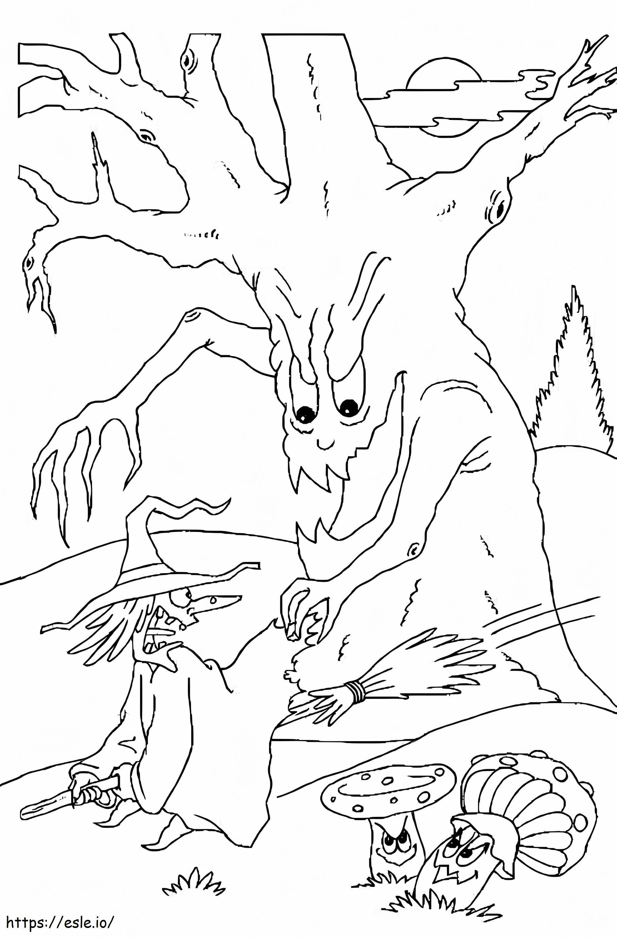 Spooky Tree And Witch coloring page