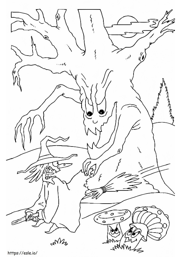 Spooky Tree And Witch coloring page