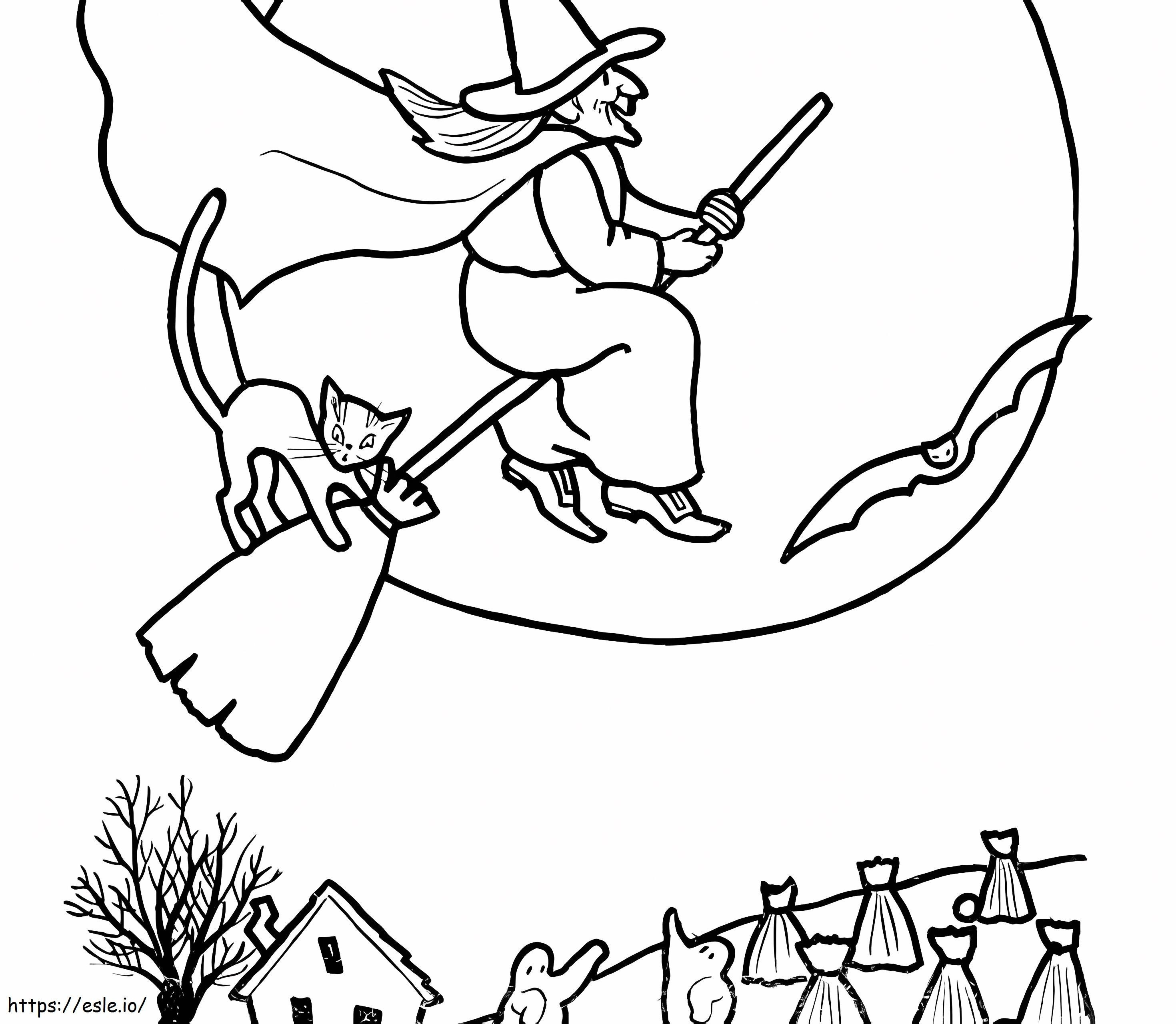Witch And Cat Flying coloring page