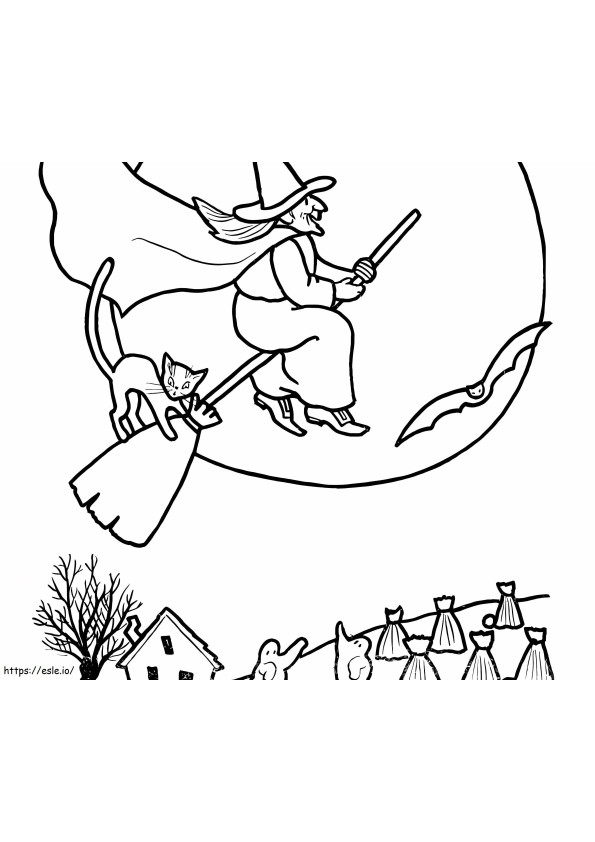 Witch And Cat Flying coloring page