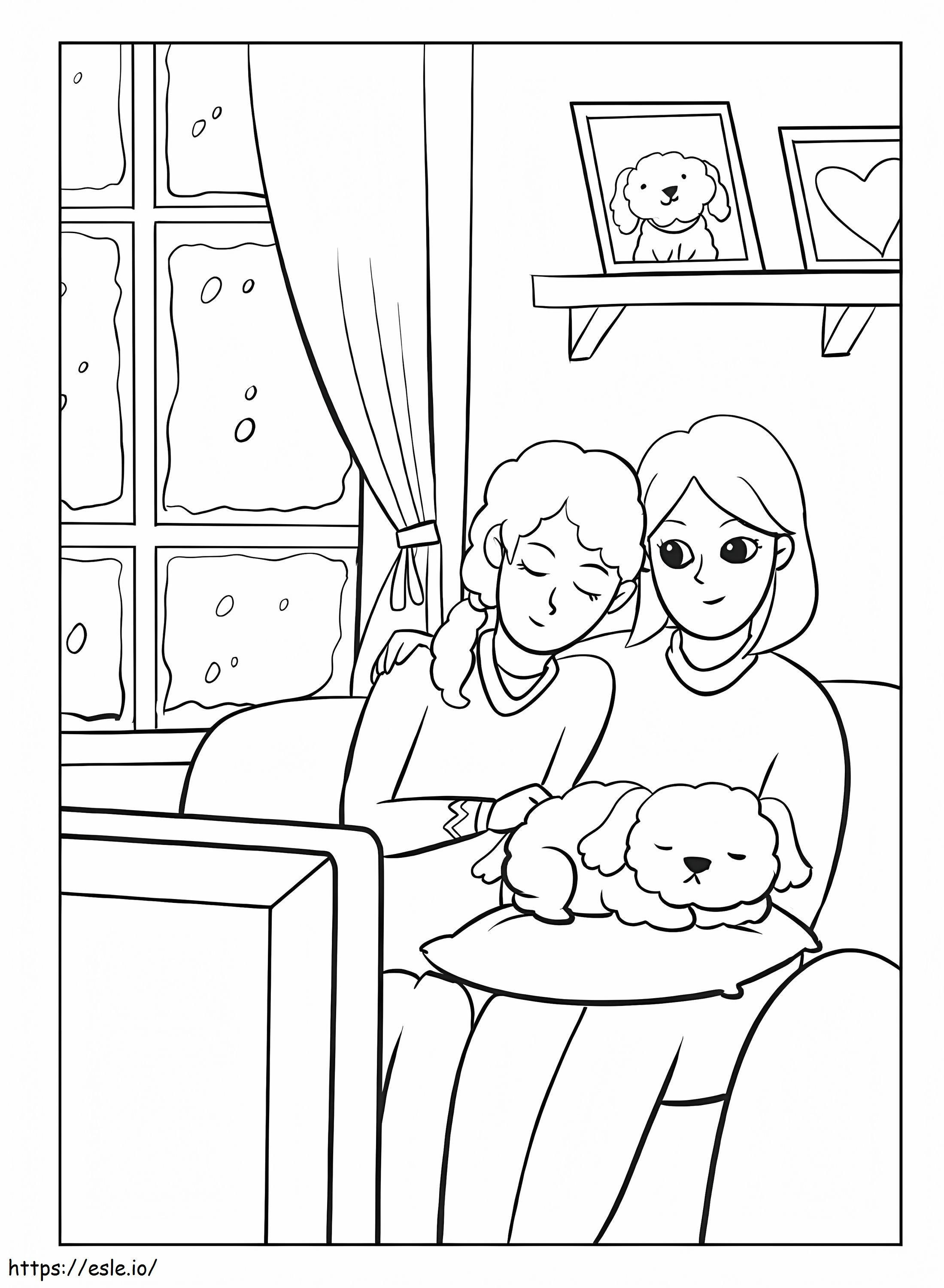 Coloriage Famille avec chien à imprimer dessin