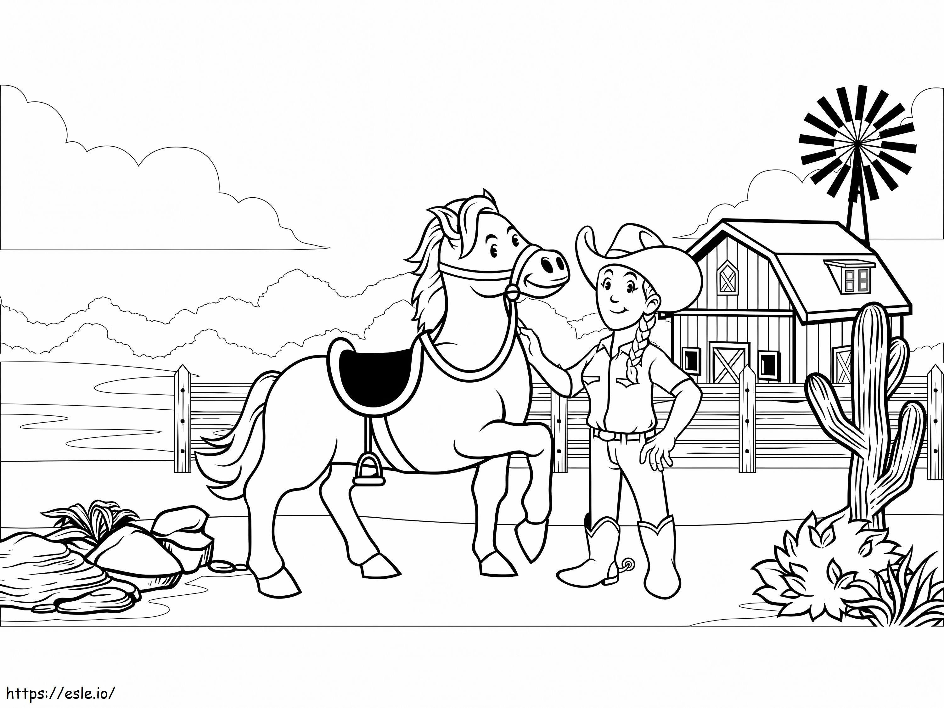 Cowgirl e seu cavalo para colorir