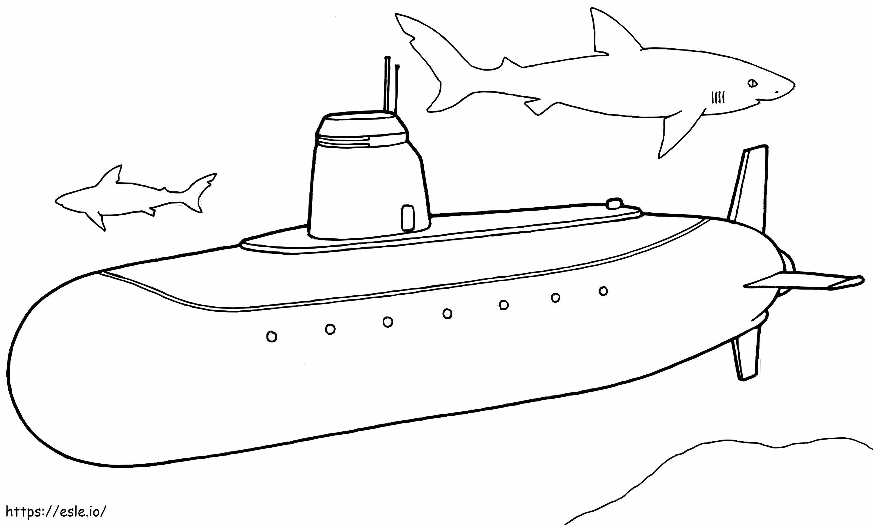 Submarino e dois tubarões para colorir
