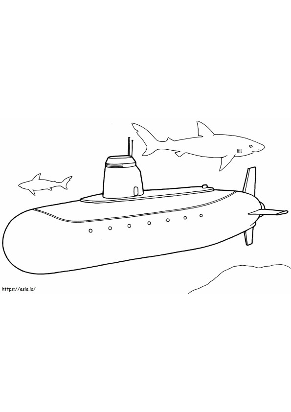 Submarine And Two Sharks coloring page