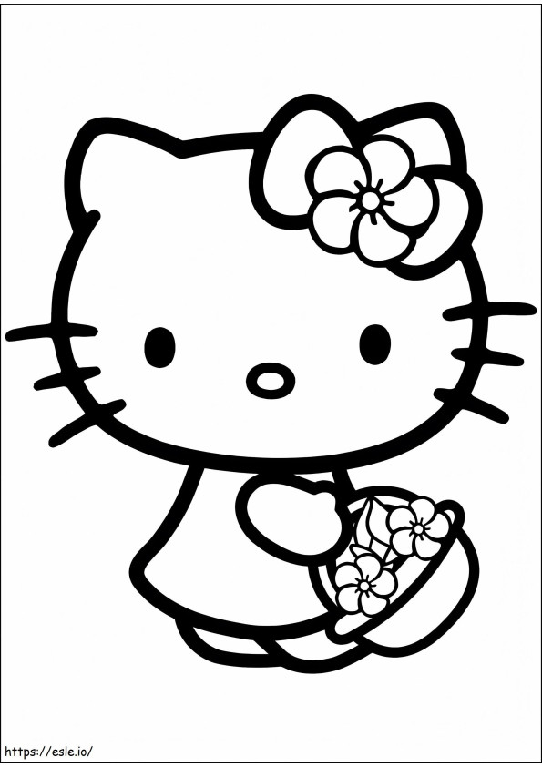 Hello Kitty segurando uma cesta de flores para colorir