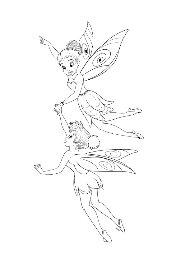 Tinkerbell and Iridessa flying coloring and free printing page