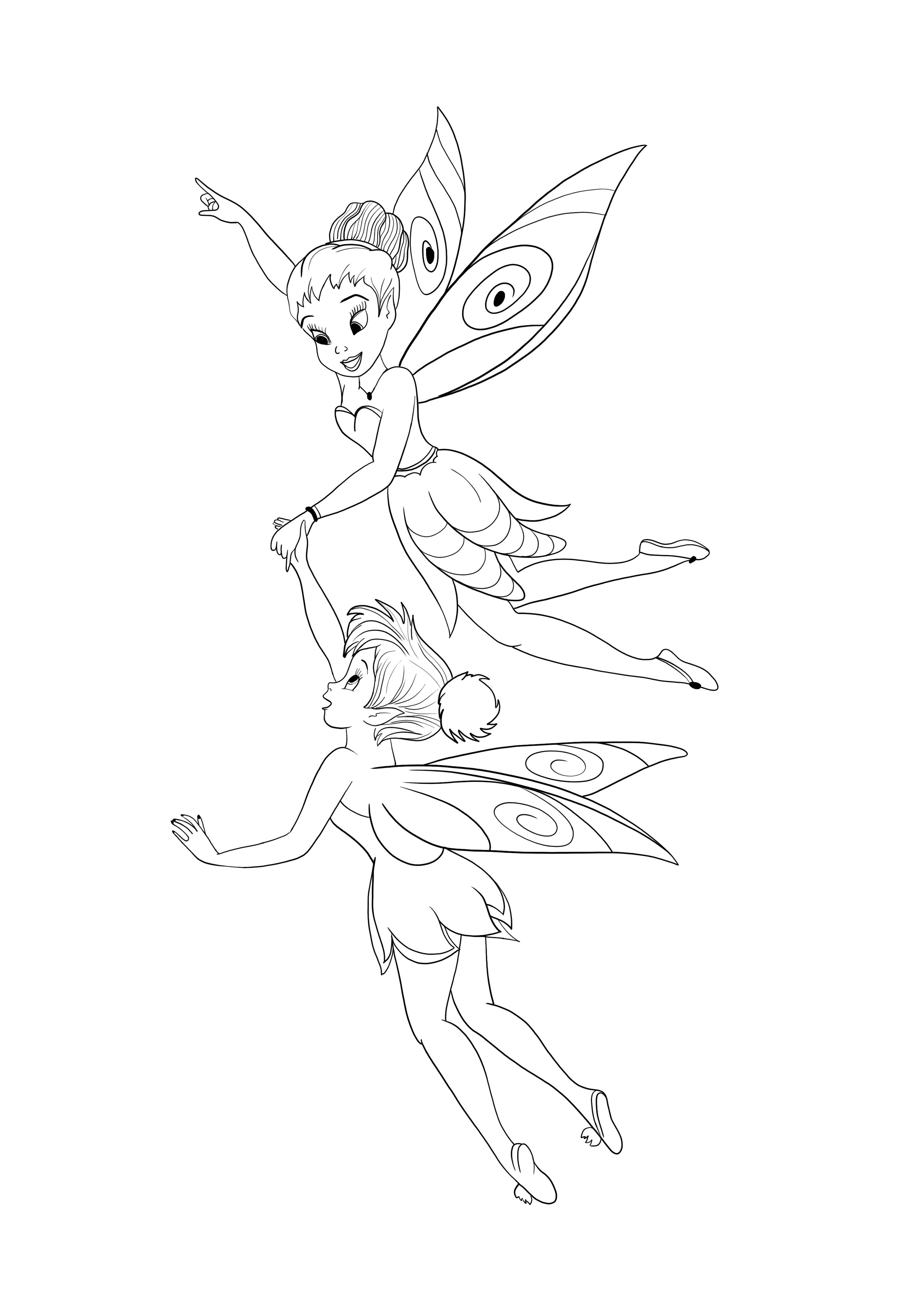 Tinkerbell e Iridessa voando para colorir e imprimir gratuitamente