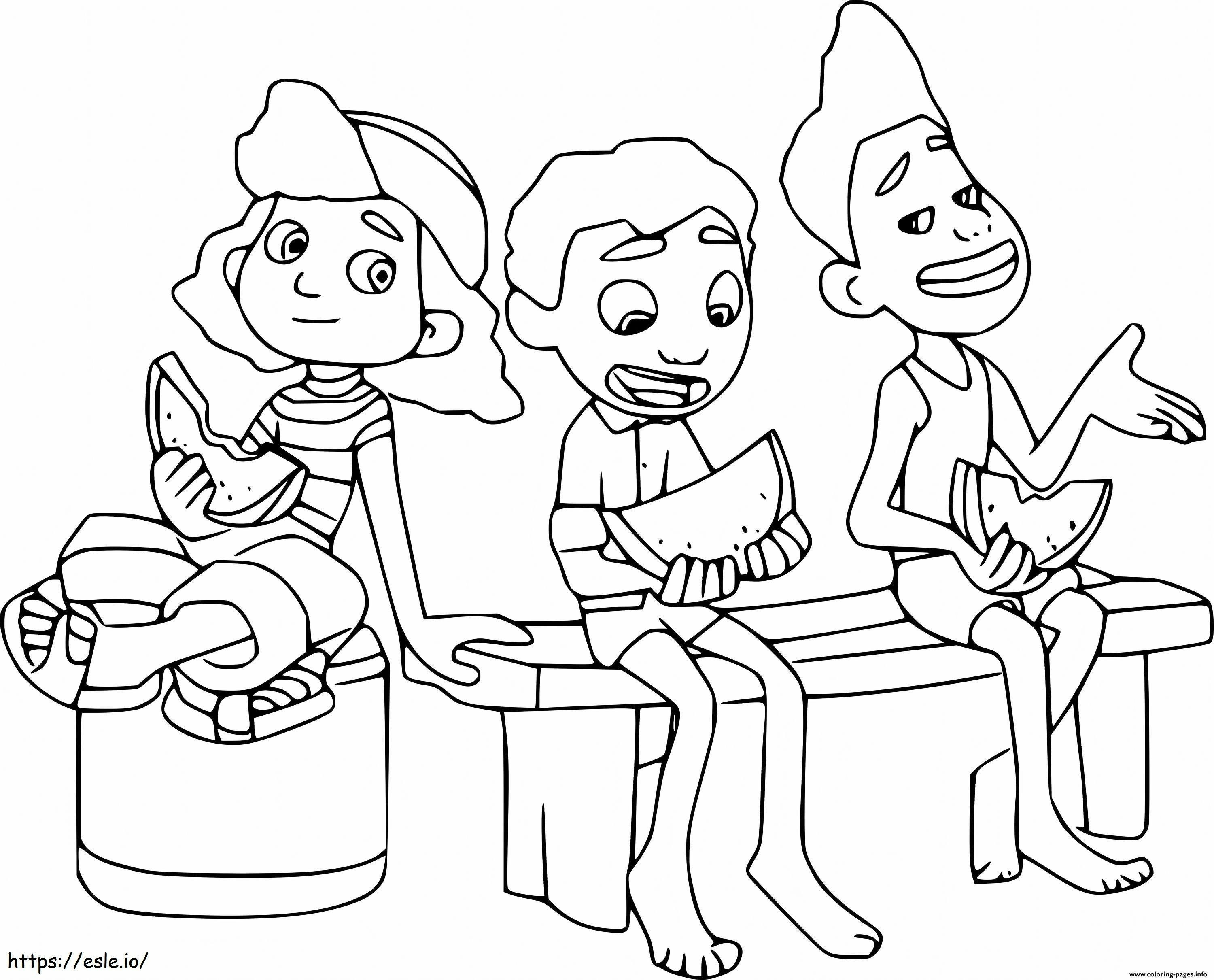 Coloriage Giulia et ses amis mangeant de la pastèque à imprimer dessin