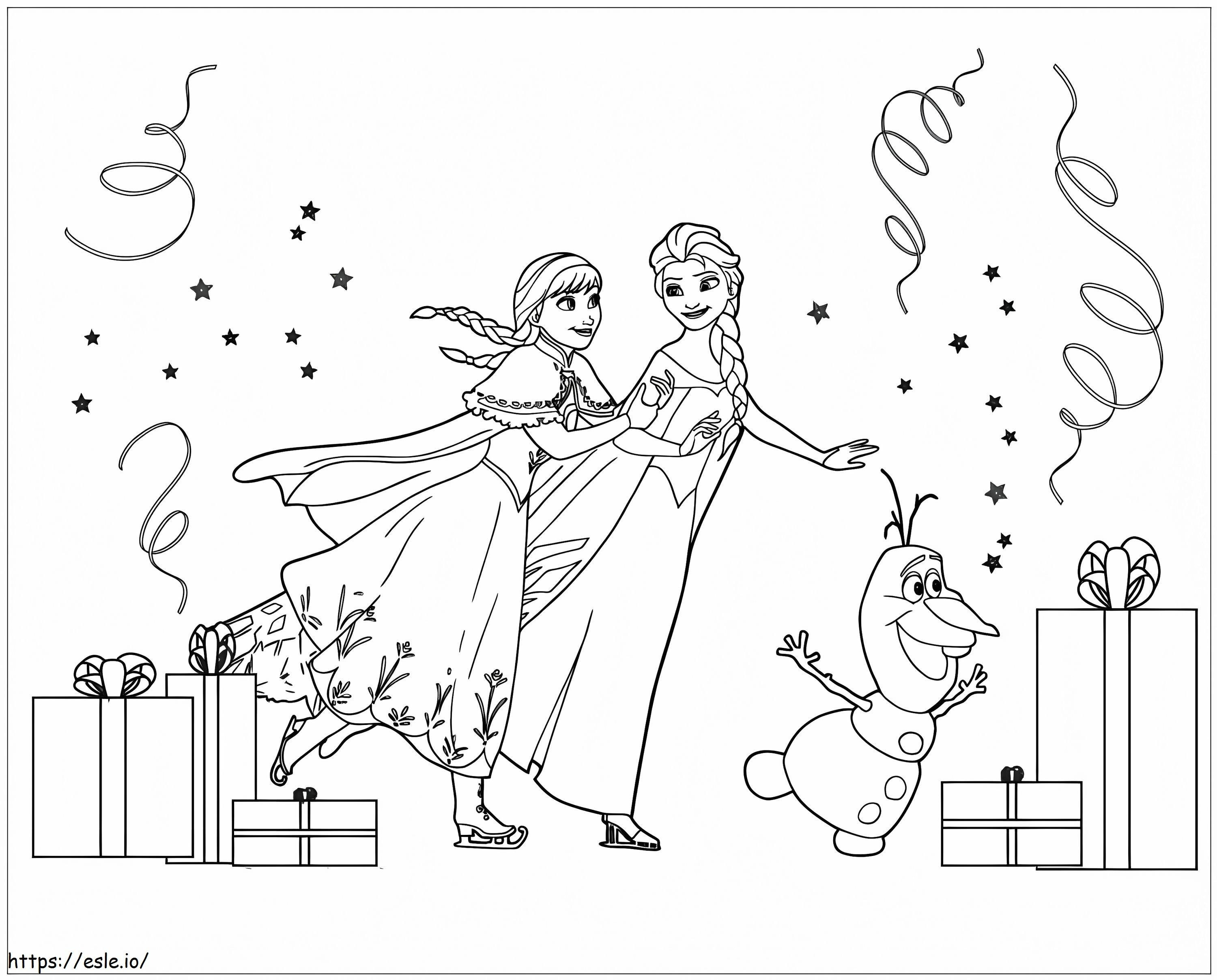 Coloriage Elsa et Anna Olaf jouent au patinage sur glace le jour de leur anniversaire à imprimer dessin