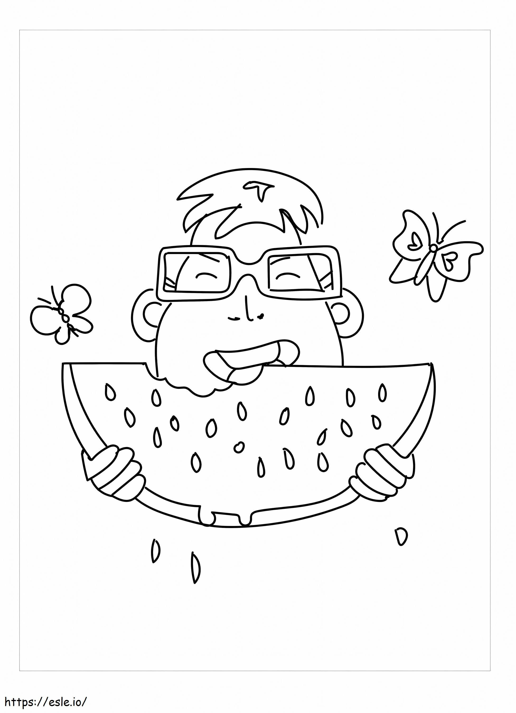 Boy Eating Watermelon With Butterflies coloring page