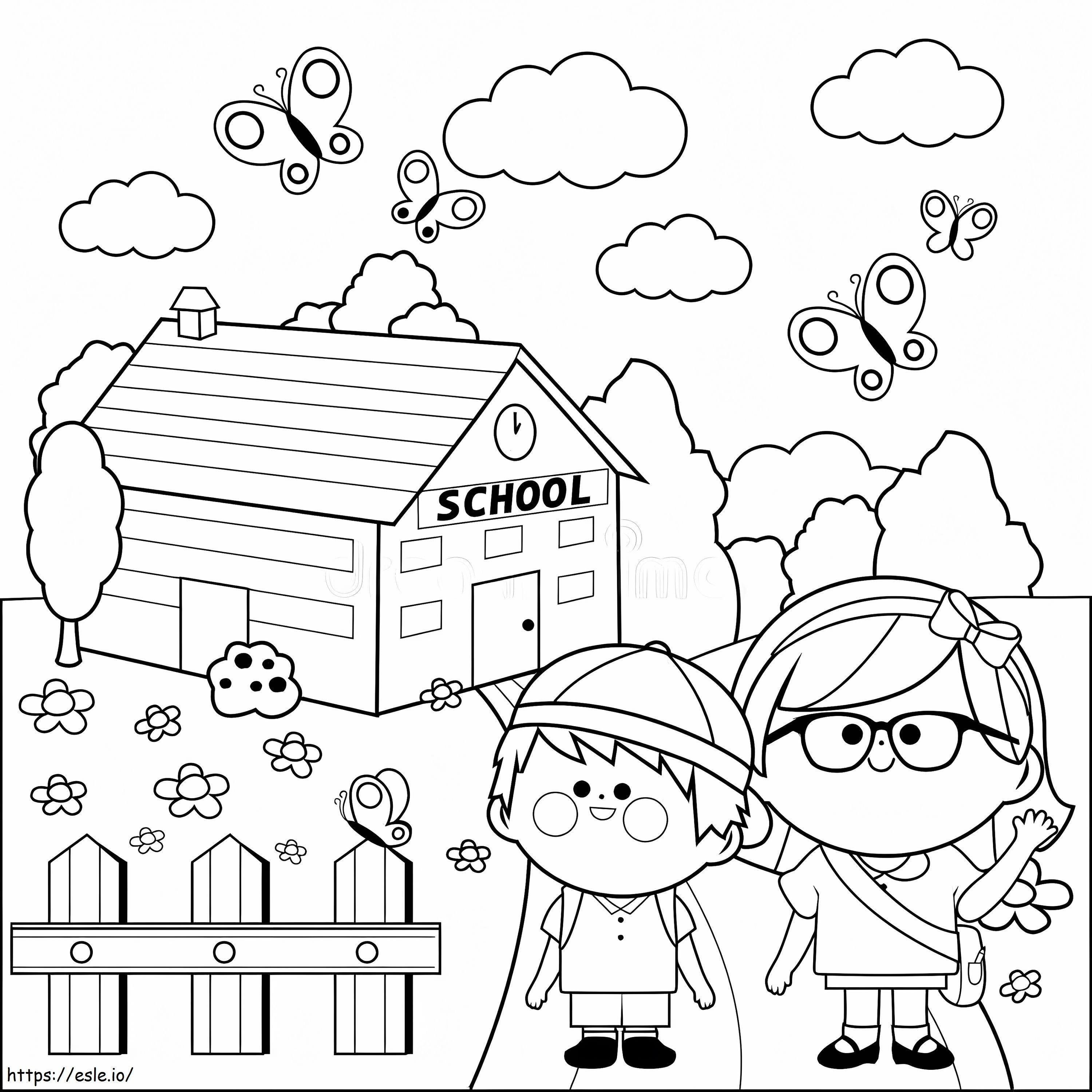 Due bambini vanno a scuola da colorare