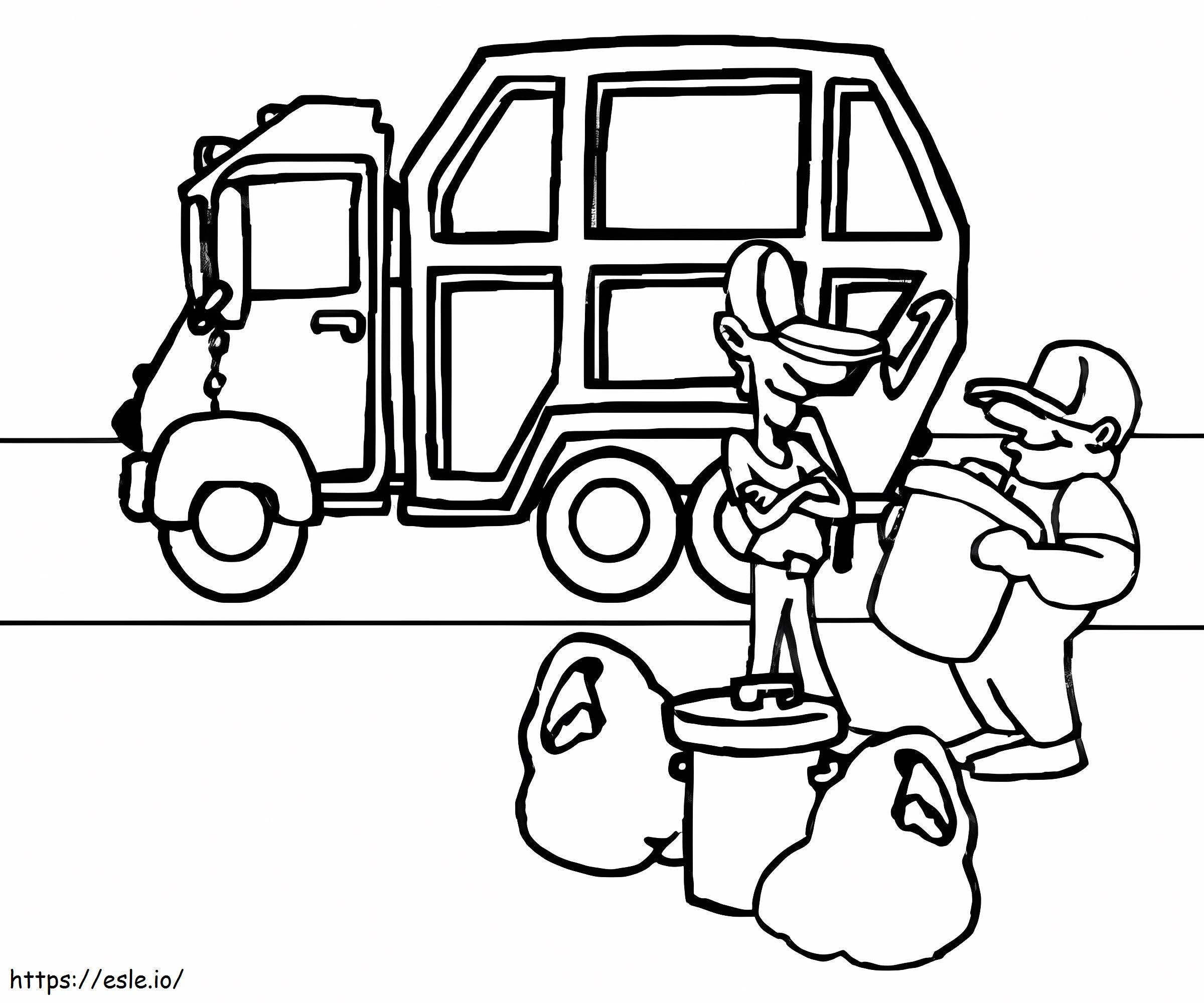 Camión de basura y dos recolectores de basura para colorear