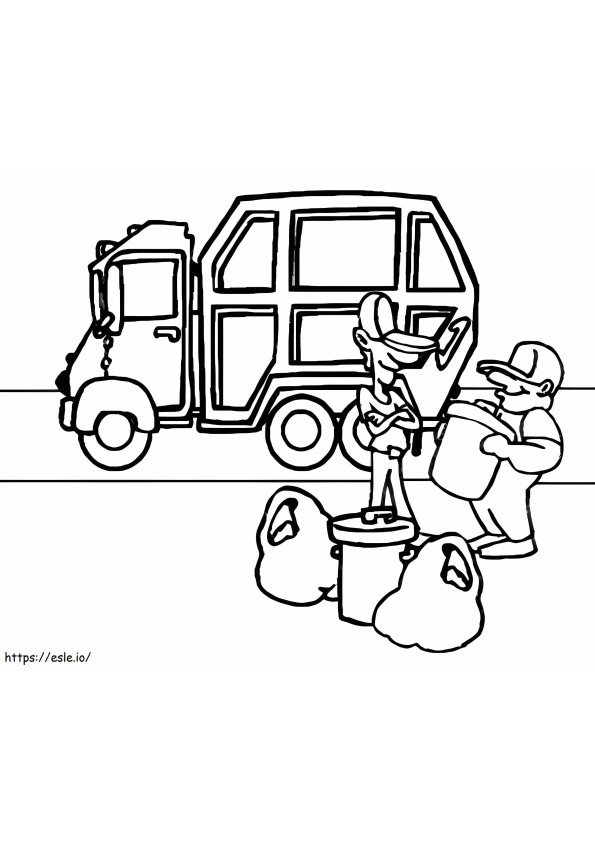 ゴミ収集車と 2 人のゴミ収集人 ぬりえ - 塗り絵