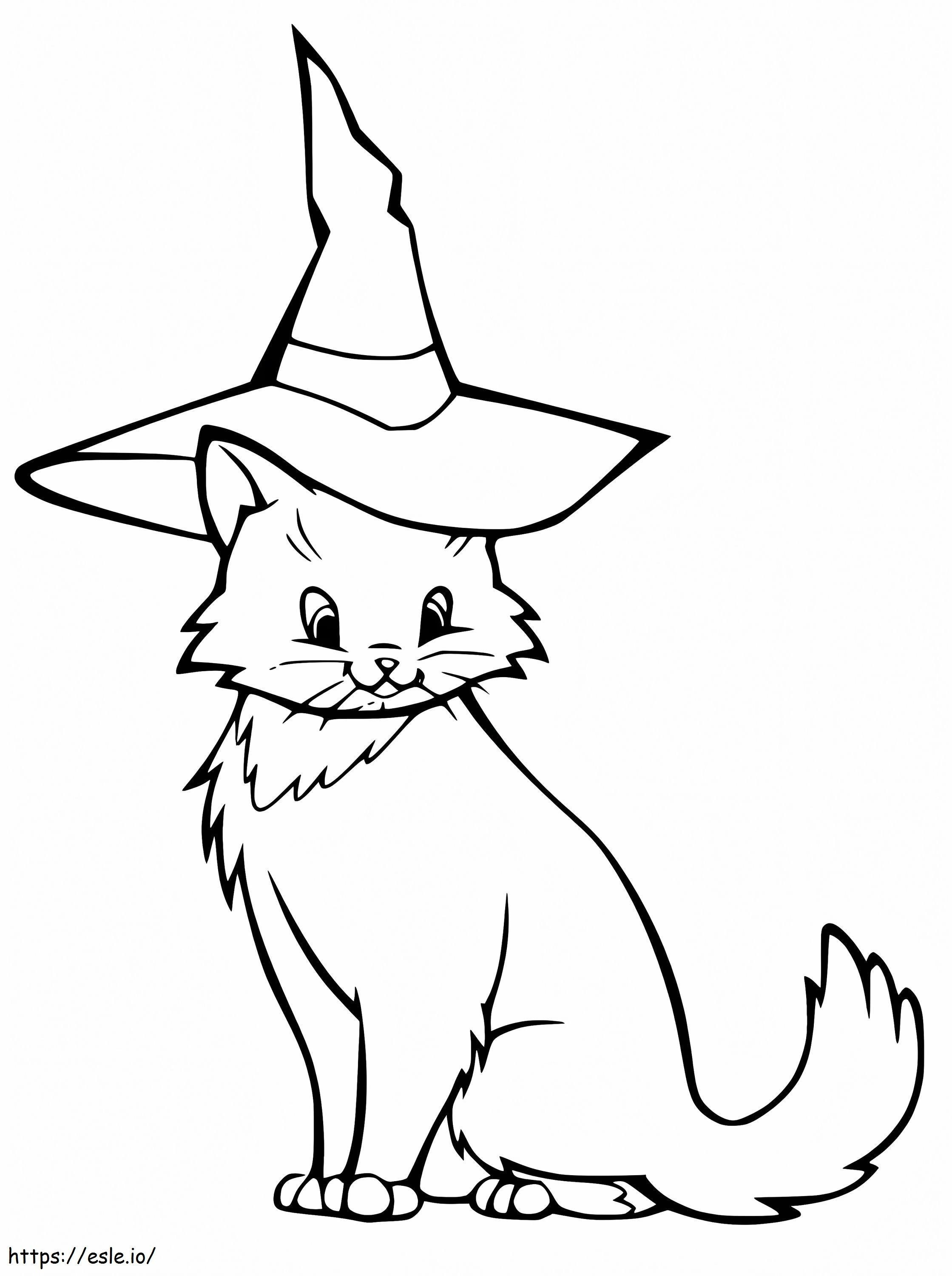 Pisica de Halloween cu pălărie de vrăjitoare de colorat