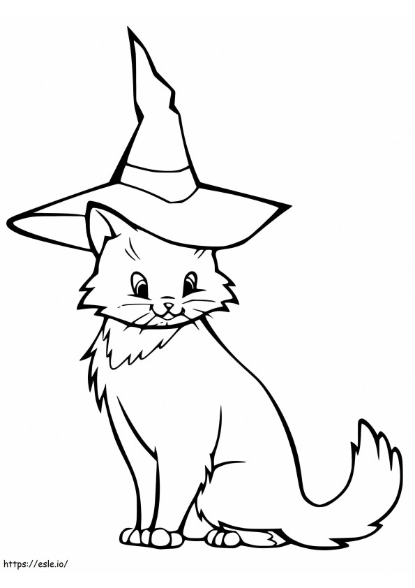Pisica de Halloween cu pălărie de vrăjitoare de colorat