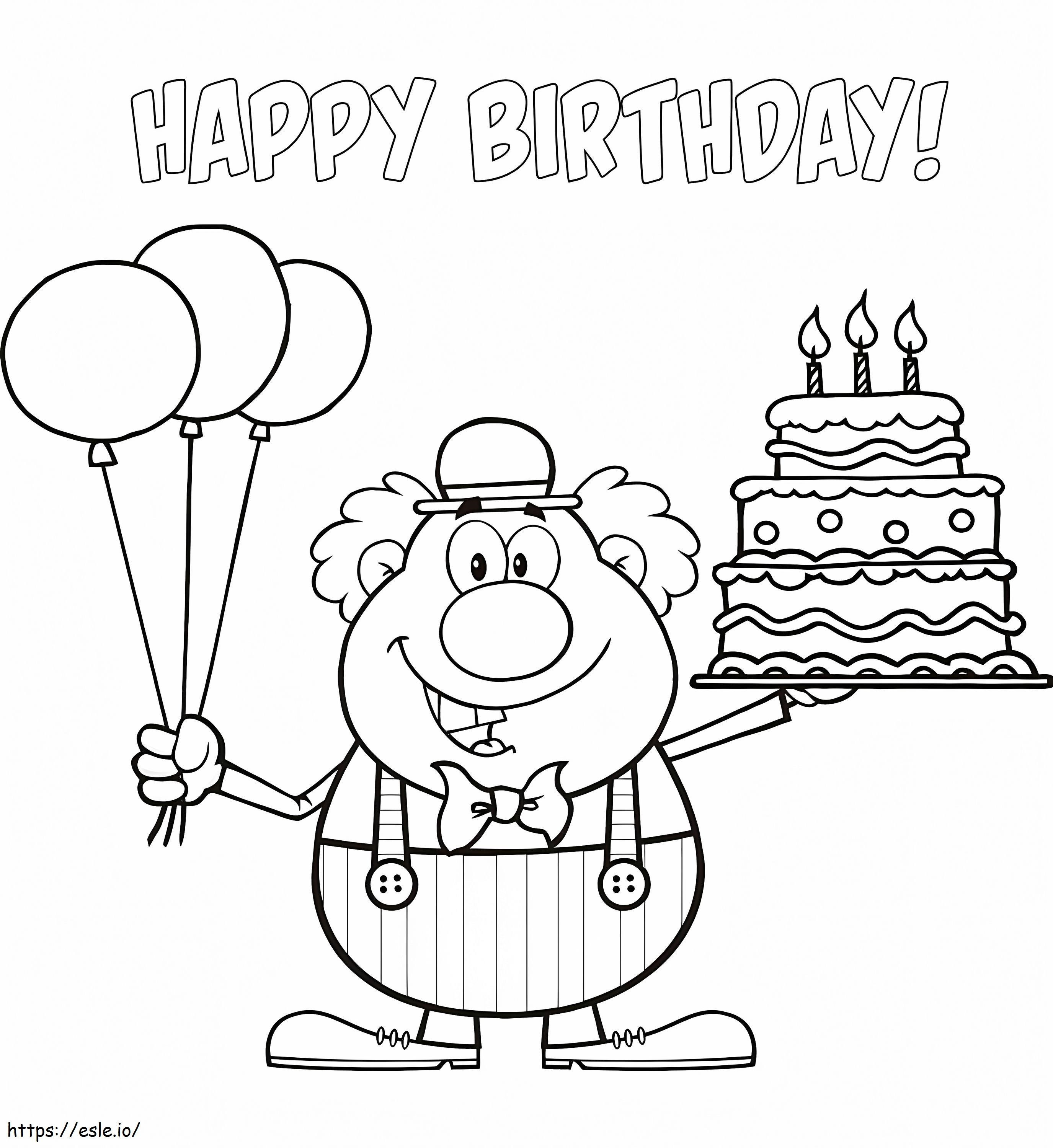 1585966527 Hyvää syntymäpäivää Klovni ilmapallojen ja kakun kanssa värityskuva