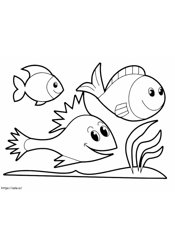 Kolme söpöä kalaa värityskuva