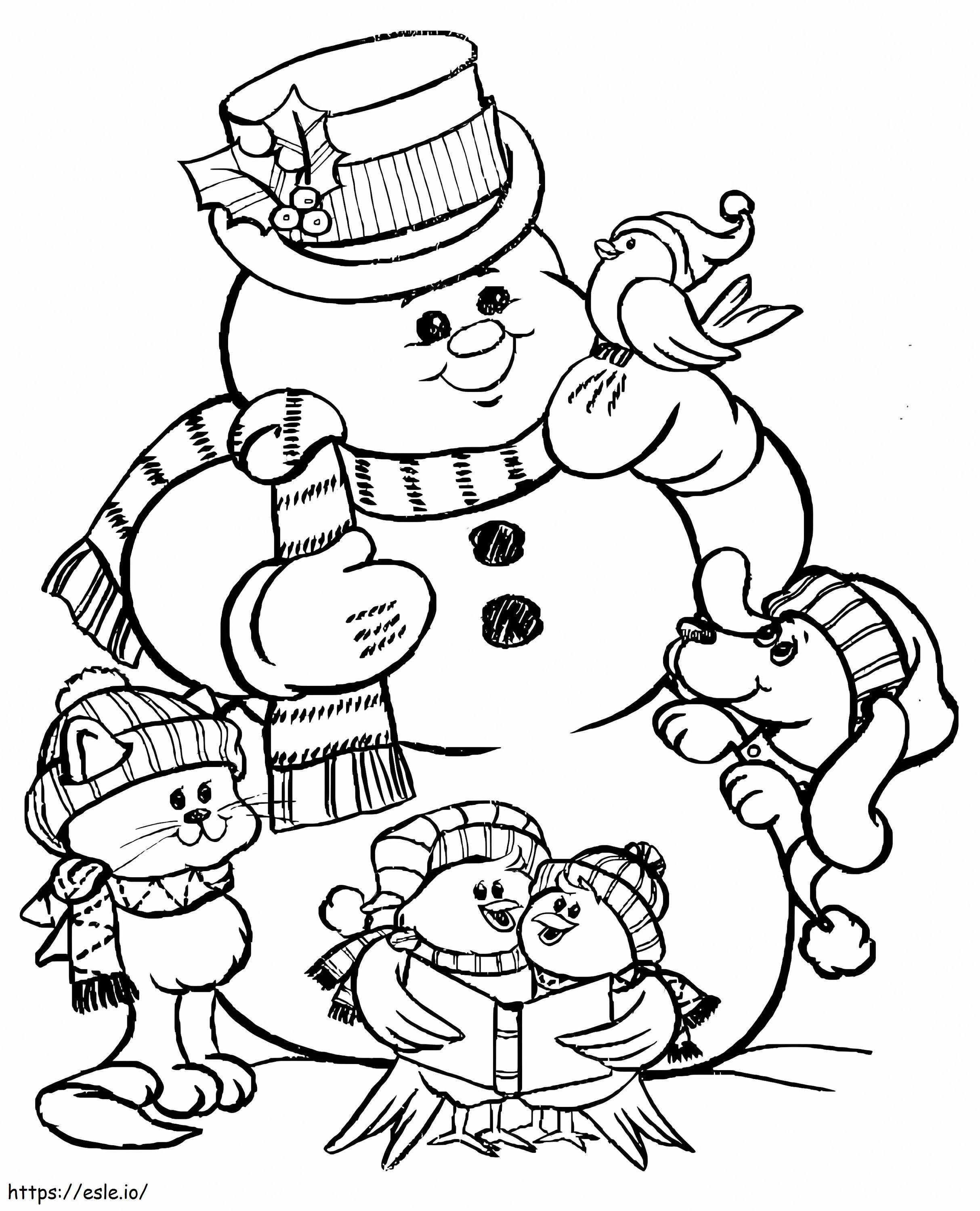 Animais e boneco de neve para colorir