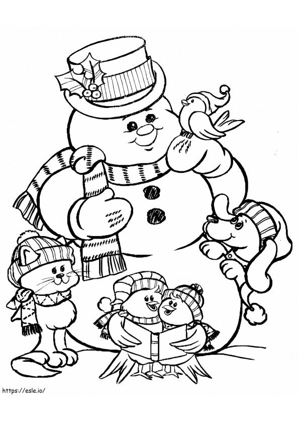 Animais e boneco de neve para colorir