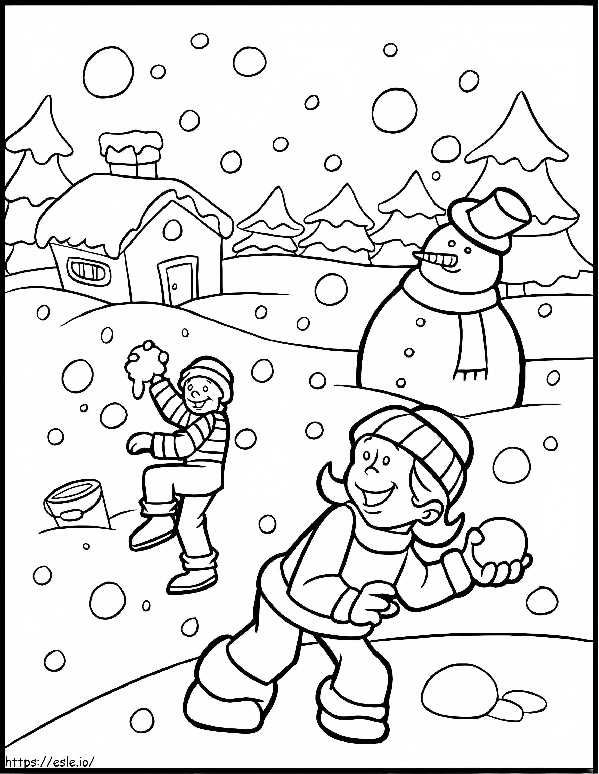 Dos niños y muñeco de nieve en invierno para colorear