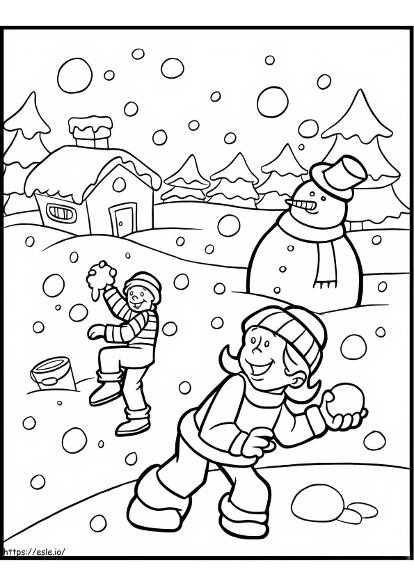 Coloriage Deux enfants et bonhomme de neige en hiver à imprimer dessin