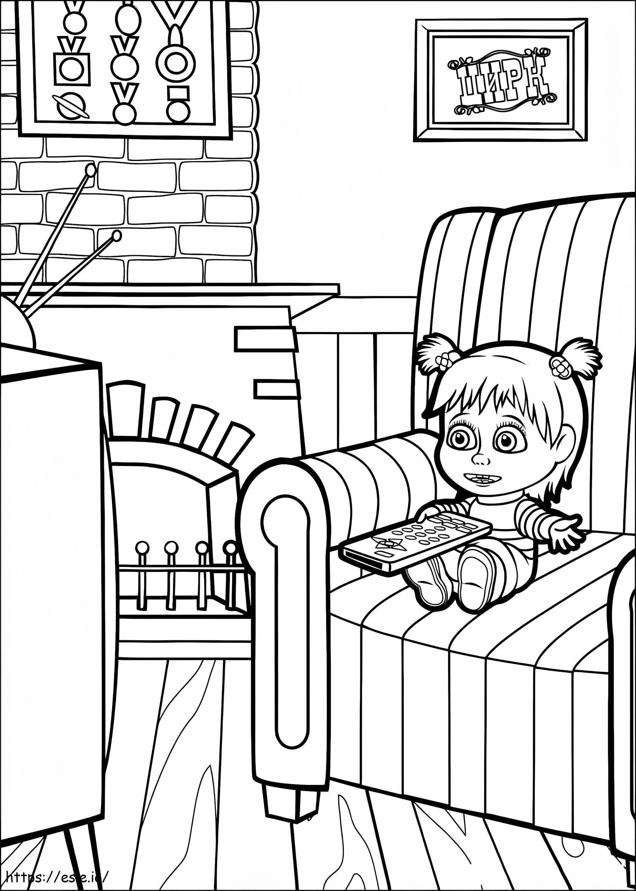 La piccola Masha guarda la TV da colorare