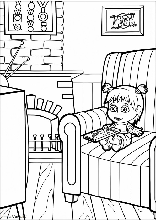 Kleine Masha kijkt tv kleurplaat