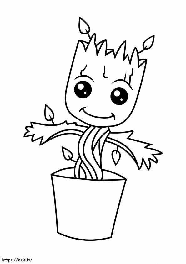 Pequeno Groot sorrindo em um vaso para colorir