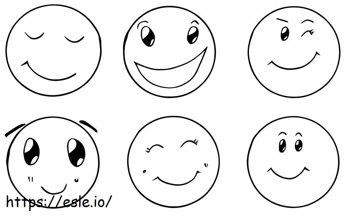 Seis caras sonrientes para colorear