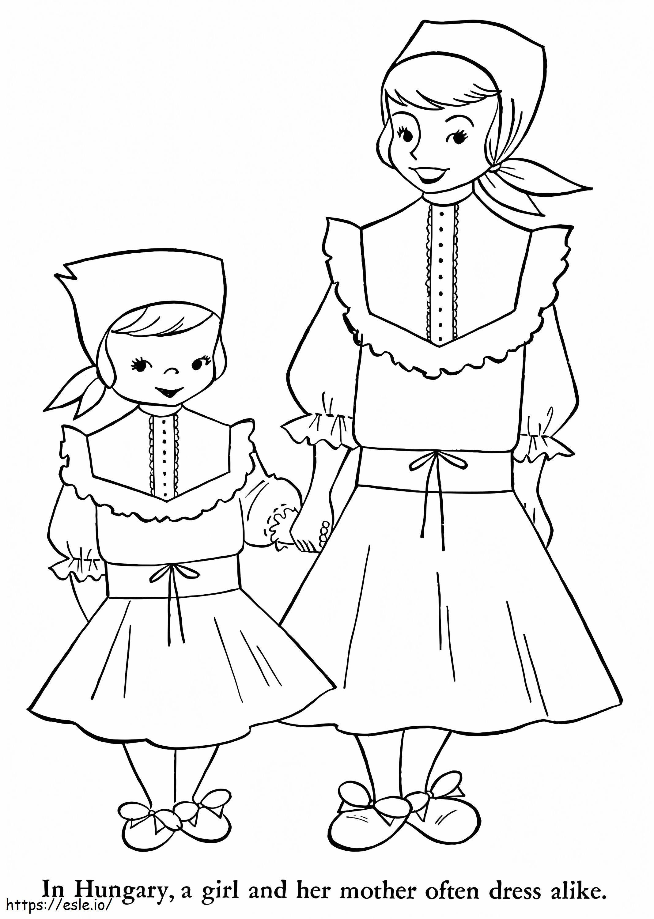 Hungarian Girl And Mother coloring page
