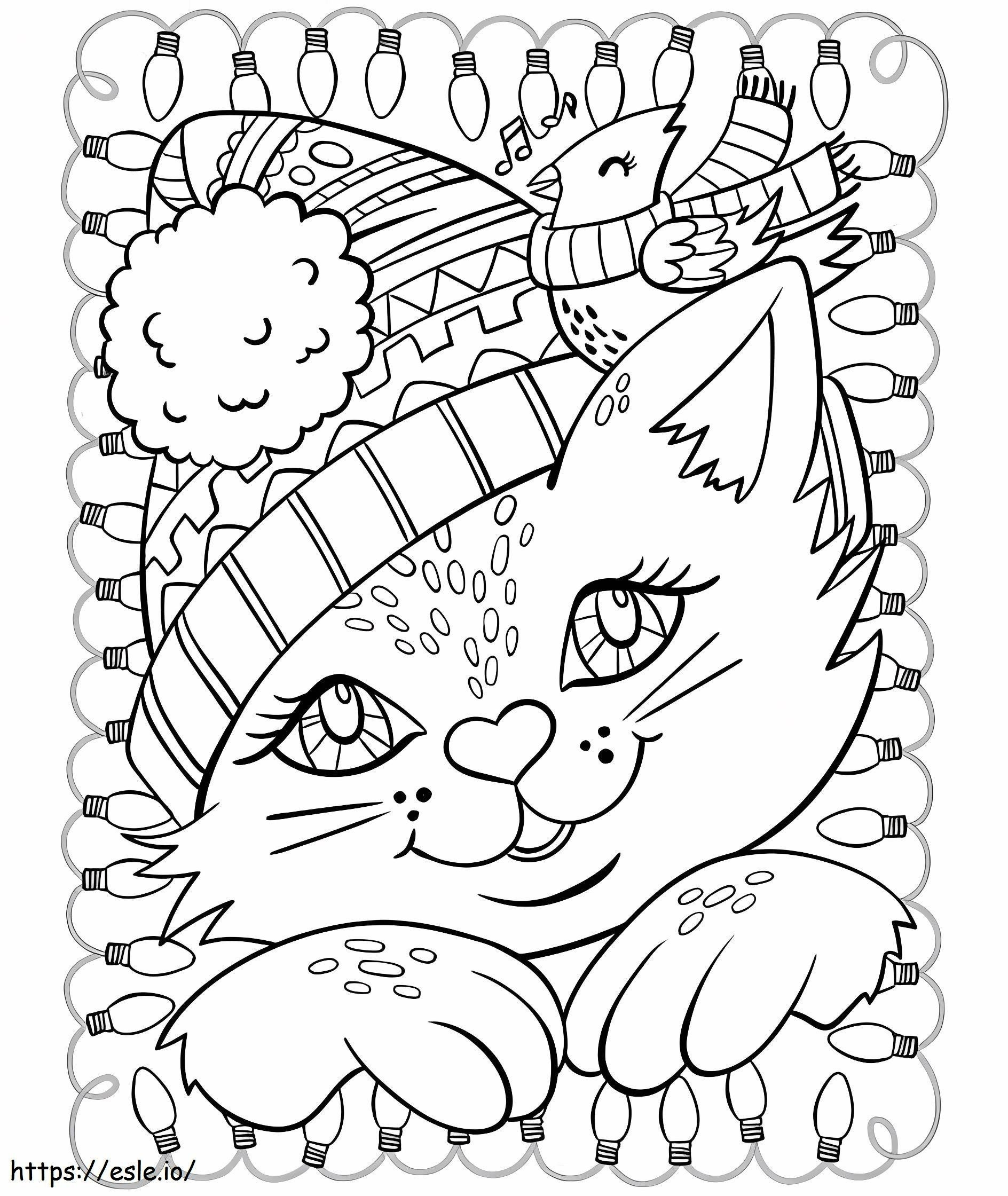 Christmas Cat And Cardinal coloring page