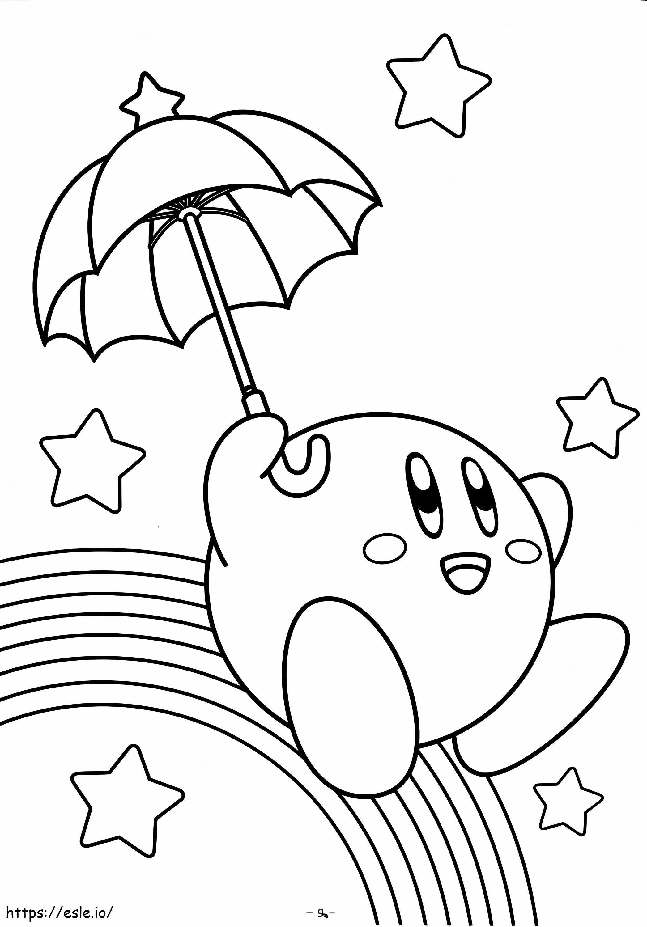 Kirby divertido segurando guarda-chuva com estrelas para colorir