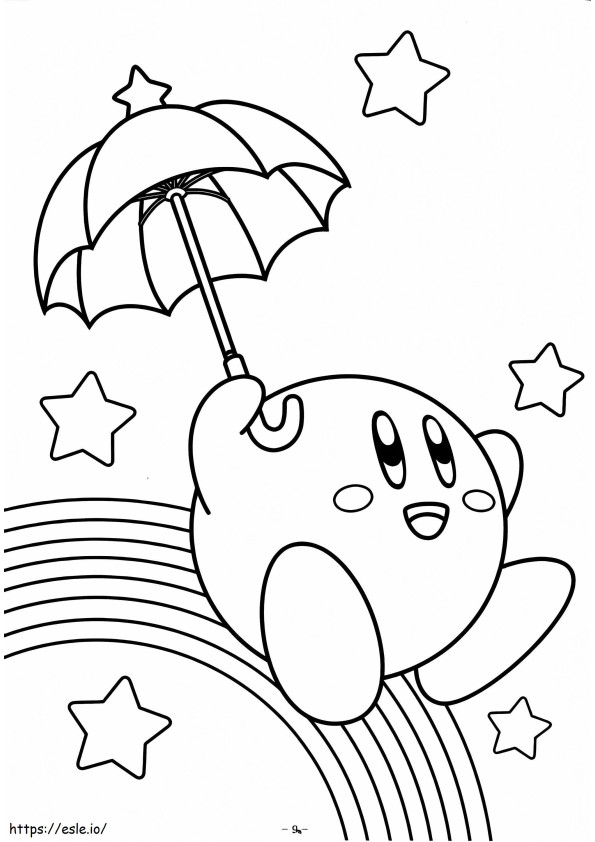 Eğlenceli Kirby Yıldızlarla Şemsiye Tutuyor boyama