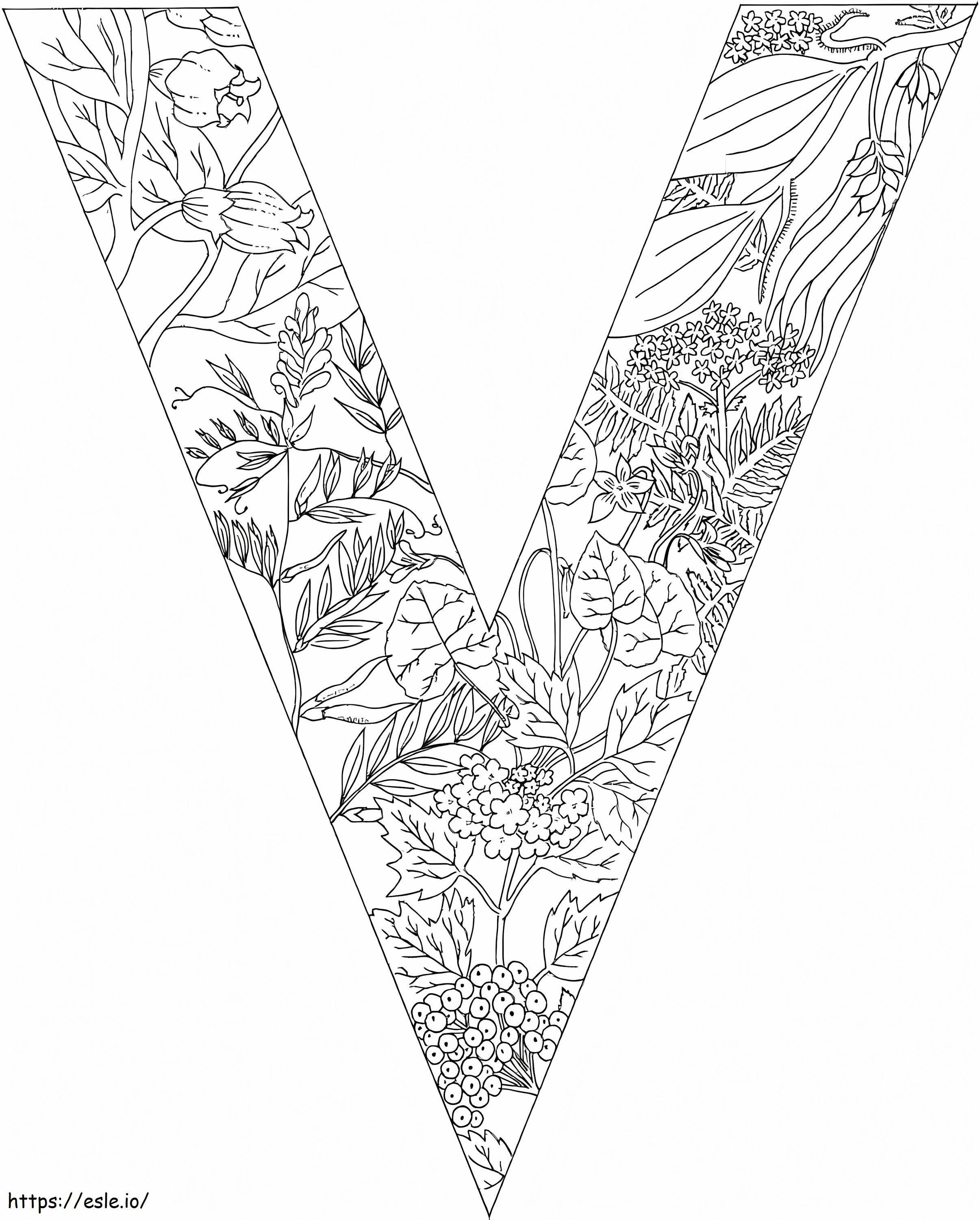 Letra V, árvore e folha para colorir