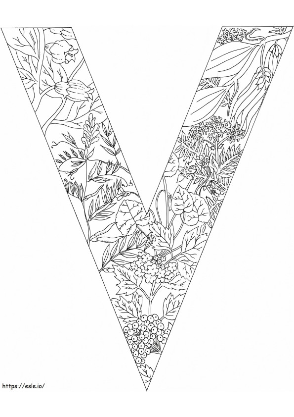 Letra V, árvore e folha para colorir