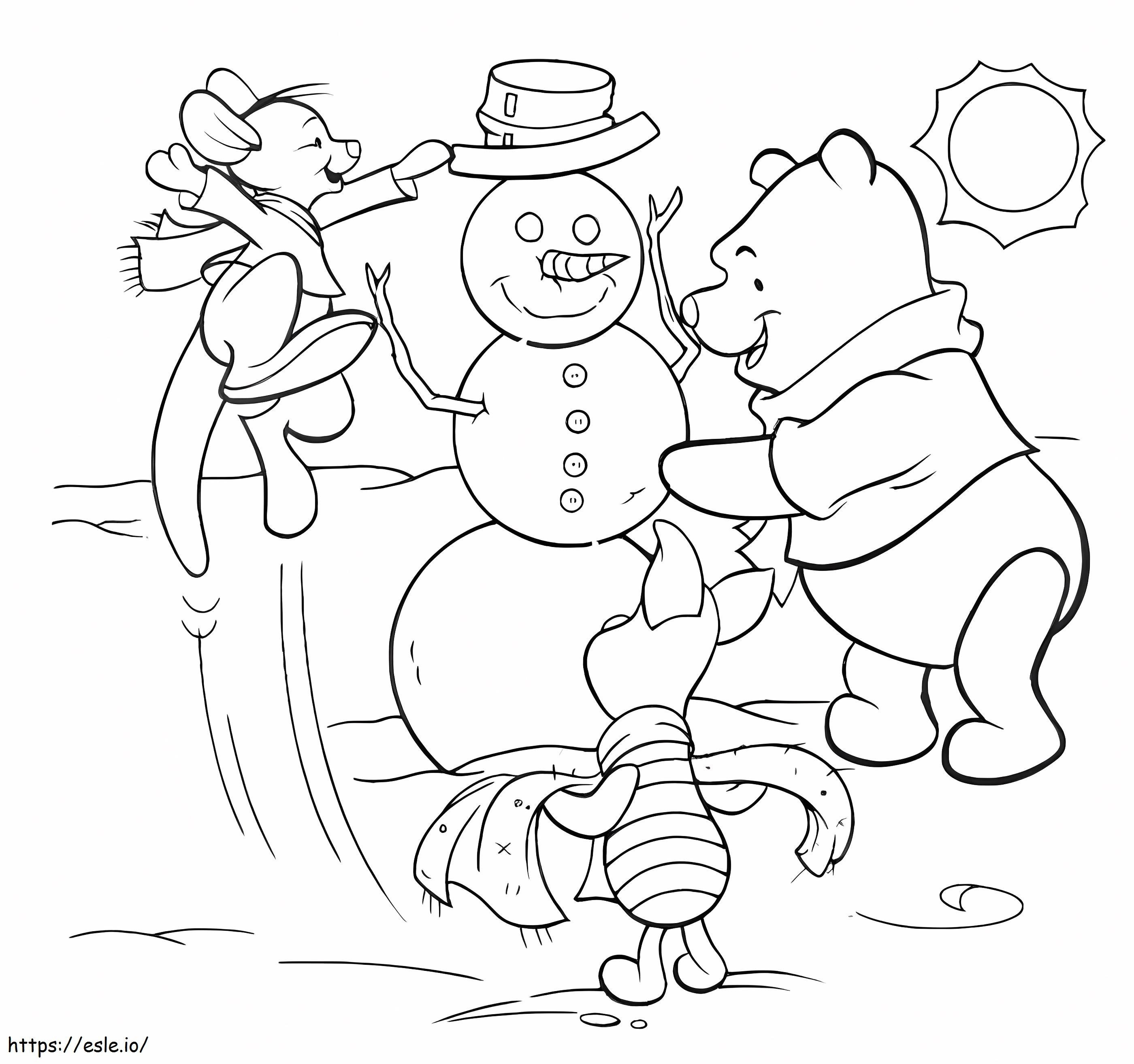 Coloriage Winnie l'ourson et le bonhomme de neige à imprimer dessin